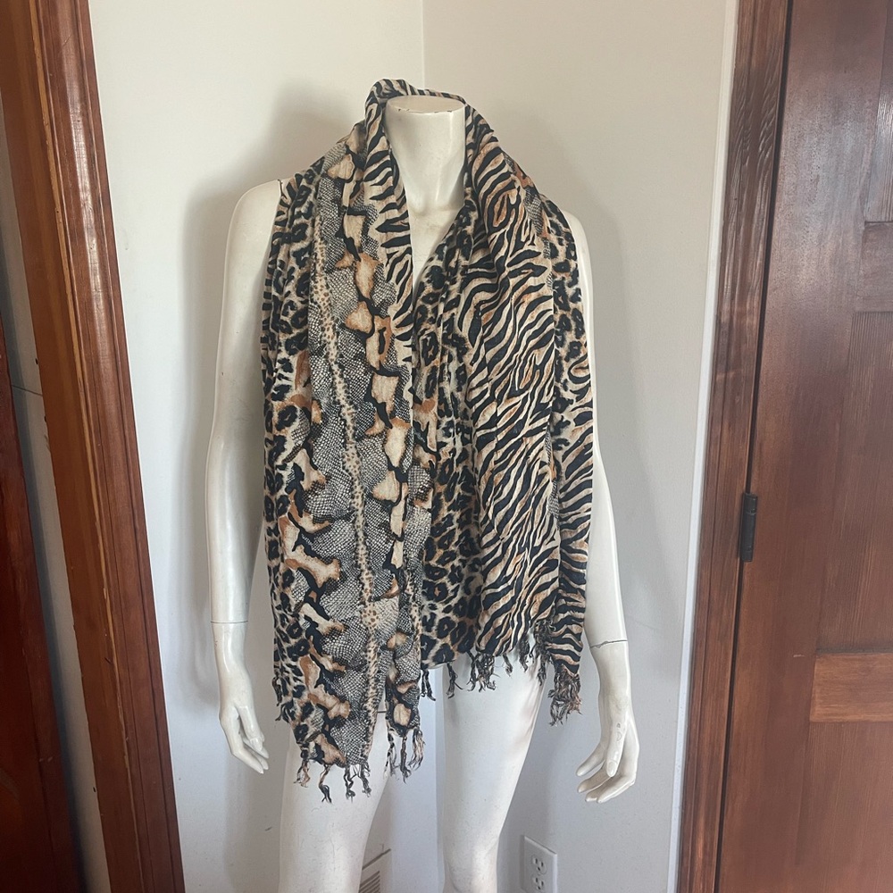 Animal Print Mixed Pattern Scarf in Black, Cream, Tan